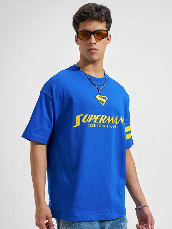 DC By Highlander Men Blue Superman Printed Round Neck Oversized Fit T-Shirt