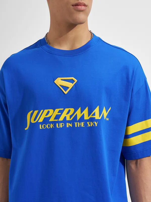 DC By Highlander Men Blue Superman Printed Round Neck Oversized Fit T-Shirt