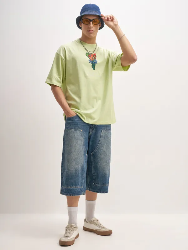 WB By Highlander Men Green Rick And Morty Printed Round Neck Oversized Fit T-Shirt