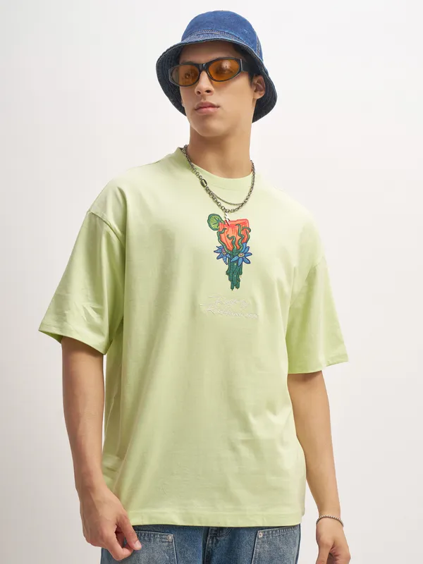 WB By Highlander Men Green Rick And Morty Printed Round Neck Oversized Fit T-Shirt