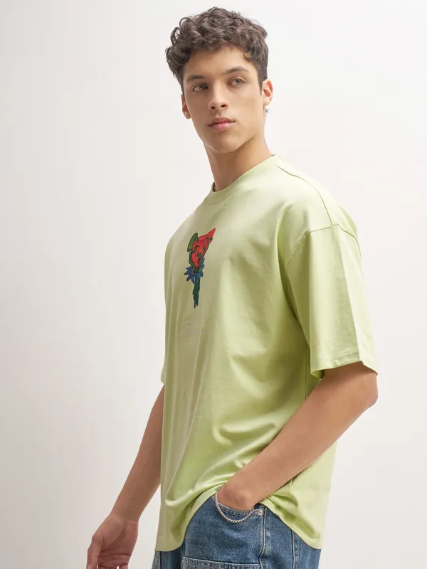 WB By Highlander Men Green Rick And Morty Printed Round Neck Oversized Fit T-Shirt