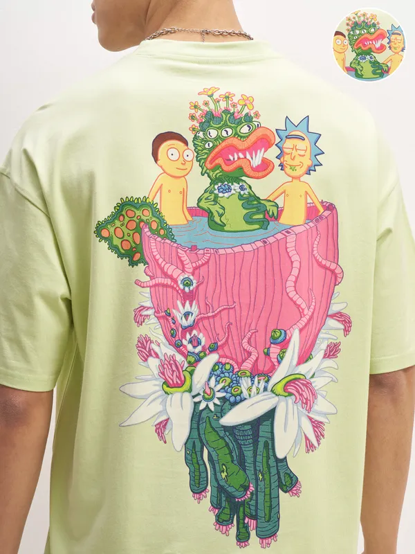 WB By Highlander Men Green Rick And Morty Printed Round Neck Oversized Fit T-Shirt