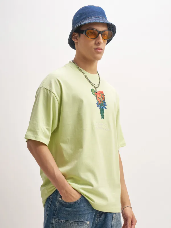 WB By Highlander Men Green Rick And Morty Printed Round Neck Oversized Fit T-Shirt