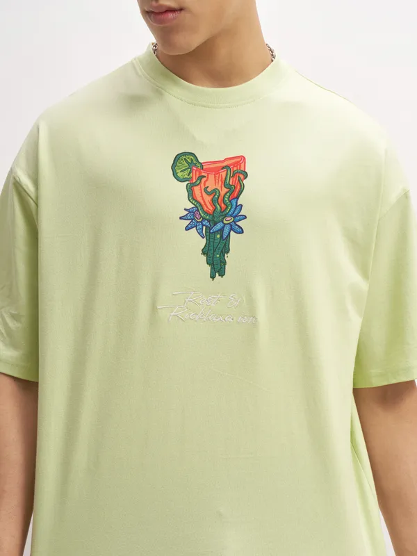 WB By Highlander Men Green Rick And Morty Printed Round Neck Oversized Fit T-Shirt