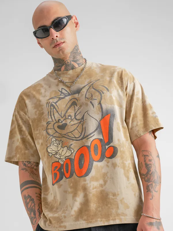 WB By Highlander Men Beige Tom And Jerry Printed Round Neck Oversized Fit T-Shirt