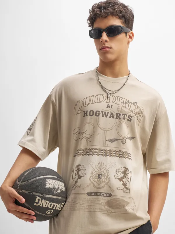 WB By Highlander Men Beige Harry Potter Printed Round Neck Oversized Fit T-Shirt