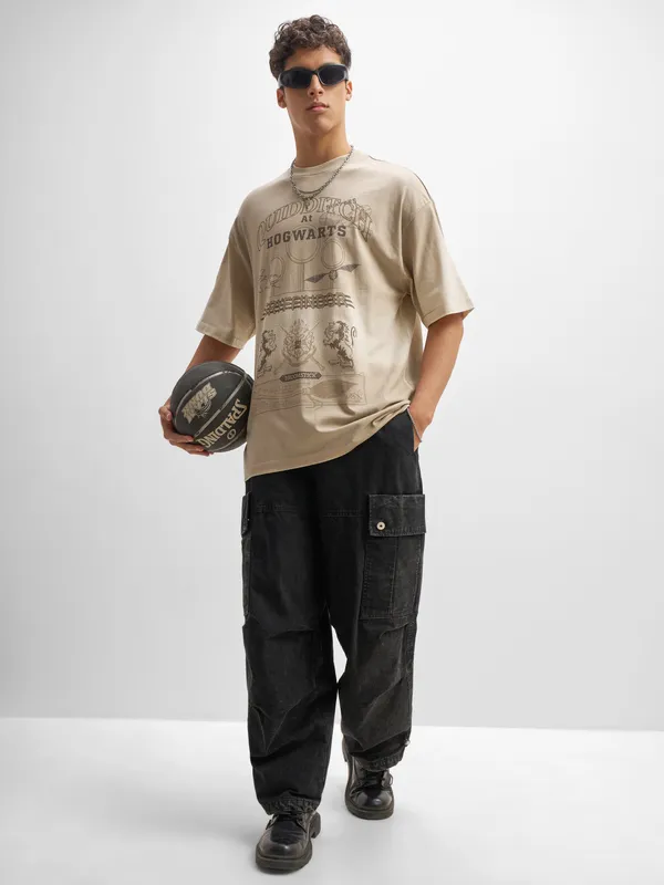 WB By Highlander Men Beige Harry Potter Printed Round Neck Oversized Fit T-Shirt