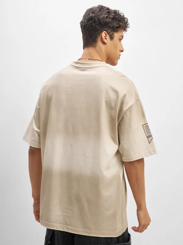 WB By Highlander Men Beige Harry Potter Printed Round Neck Oversized Fit T-Shirt