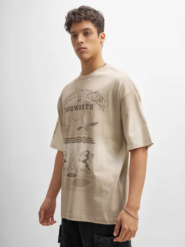 WB By Highlander Men Beige Harry Potter Printed Round Neck Oversized Fit T-Shirt