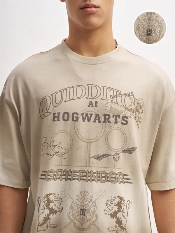 WB By Highlander Men Beige Harry Potter Printed Round Neck Oversized Fit T-Shirt