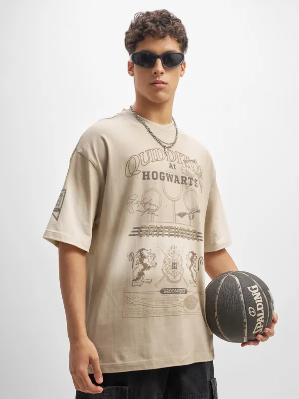 WB By Highlander Men Beige Harry Potter Printed Round Neck Oversized Fit T-Shirt