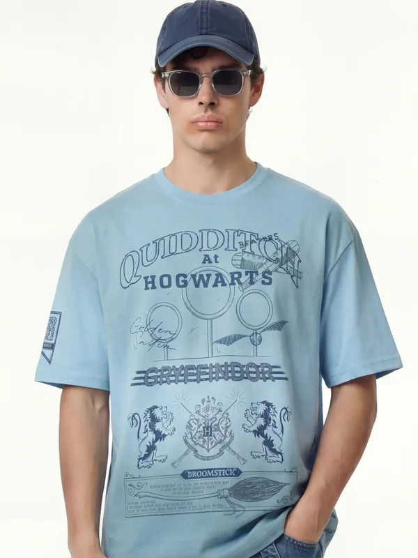 WB By Highlander Men Blue Harry Potter Printed Round Neck Oversized Fit T-Shirt