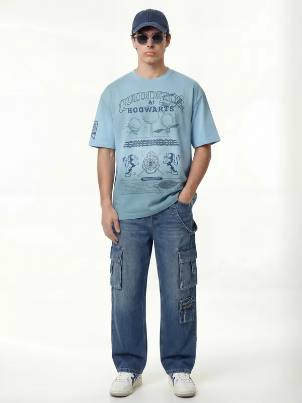 WB By Highlander Men Blue Harry Potter Printed Round Neck Oversized Fit T-Shirt