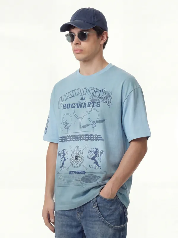 WB By Highlander Men Blue Harry Potter Printed Round Neck Oversized Fit T-Shirt