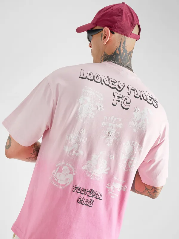 WB By Highlander Men Pink Looney Tunes Printed Round Neck Oversized Fit T-Shirt