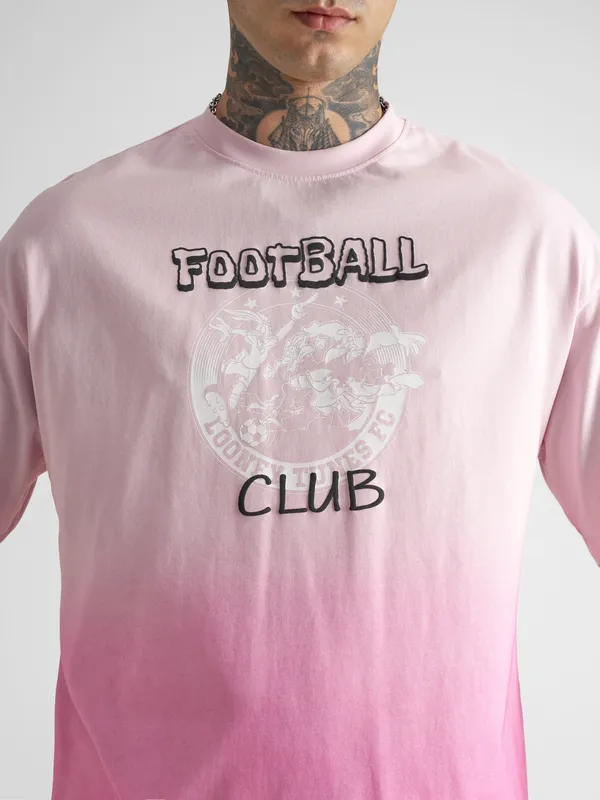 WB By Highlander Men Pink Looney Tunes Printed Round Neck Oversized Fit T-Shirt