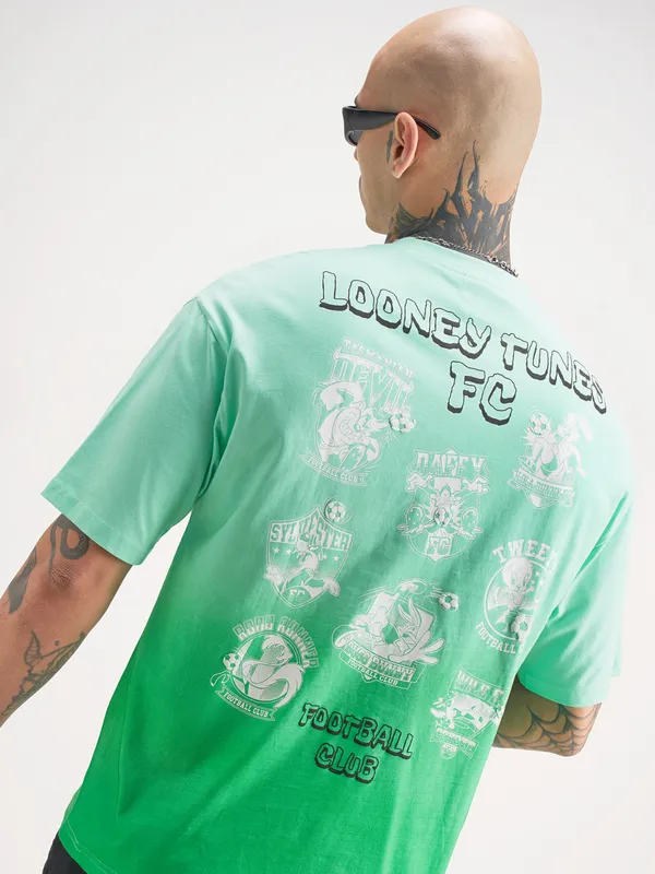 WB By Highlander Men Green Looney Tunes Printed Round Neck Oversized Fit T-Shirt