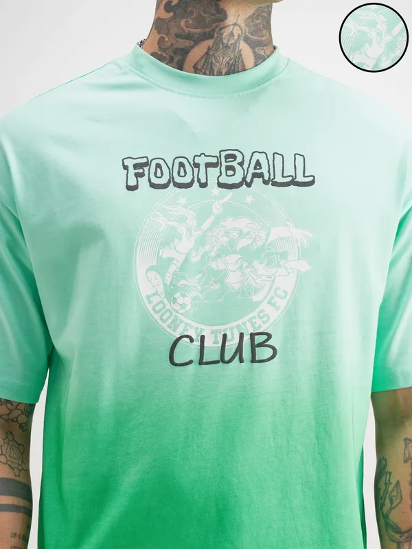 WB By Highlander Men Green Looney Tunes Printed Round Neck Oversized Fit T-Shirt