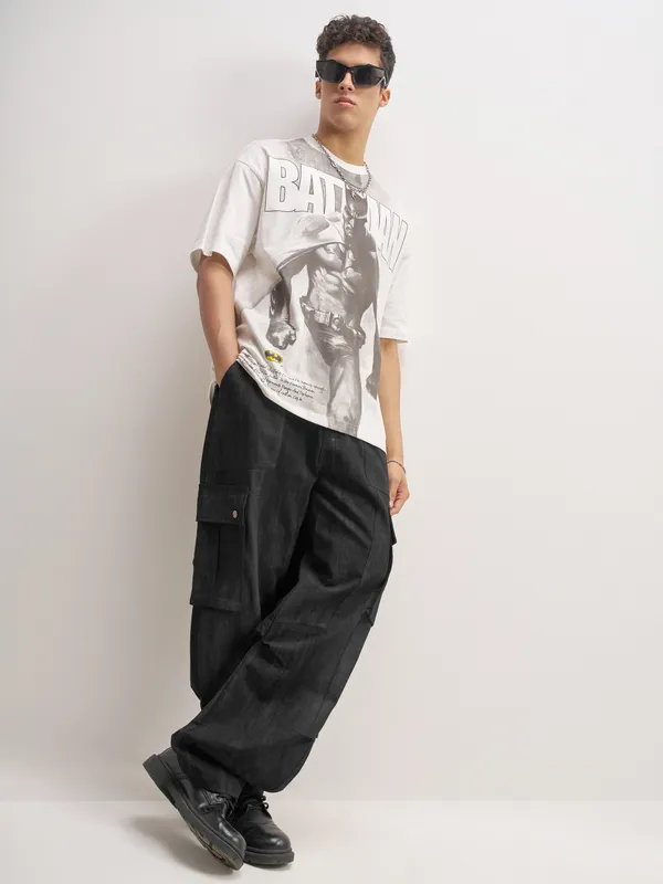 WB By Highlander Men White Batman Printed Round Neck Oversized Fit T-Shirt