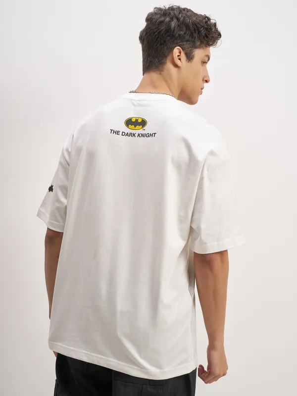 WB By Highlander Men White Batman Printed Round Neck Oversized Fit T-Shirt