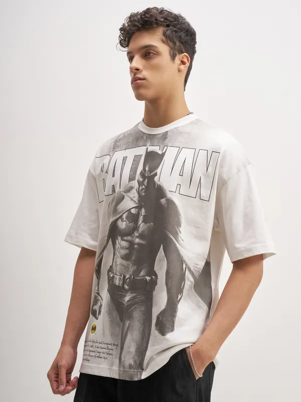 WB By Highlander Men White Batman Printed Round Neck Oversized Fit T-Shirt