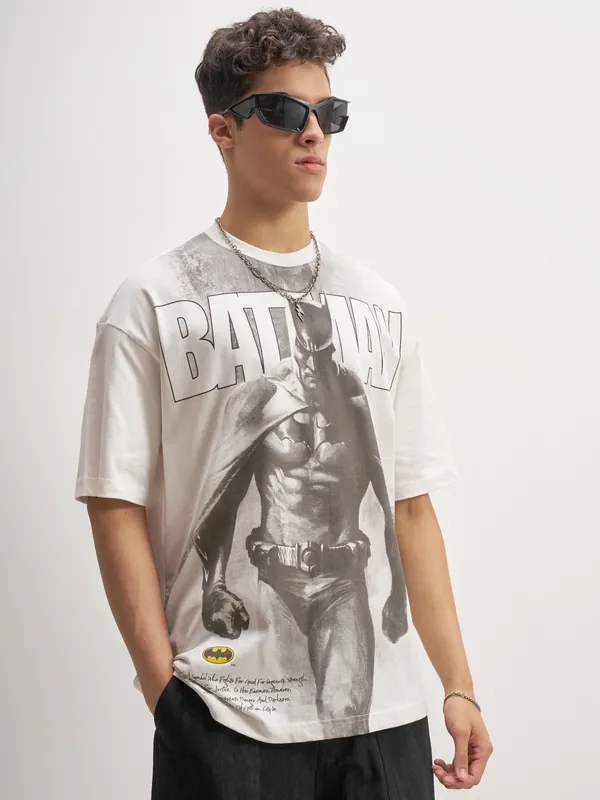WB By Highlander Men White Batman Printed Round Neck Oversized Fit T-Shirt