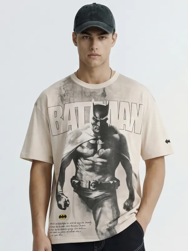 WB By Highlander Men Beige Batman Printed Round Neck Oversized Fit T-Shirt