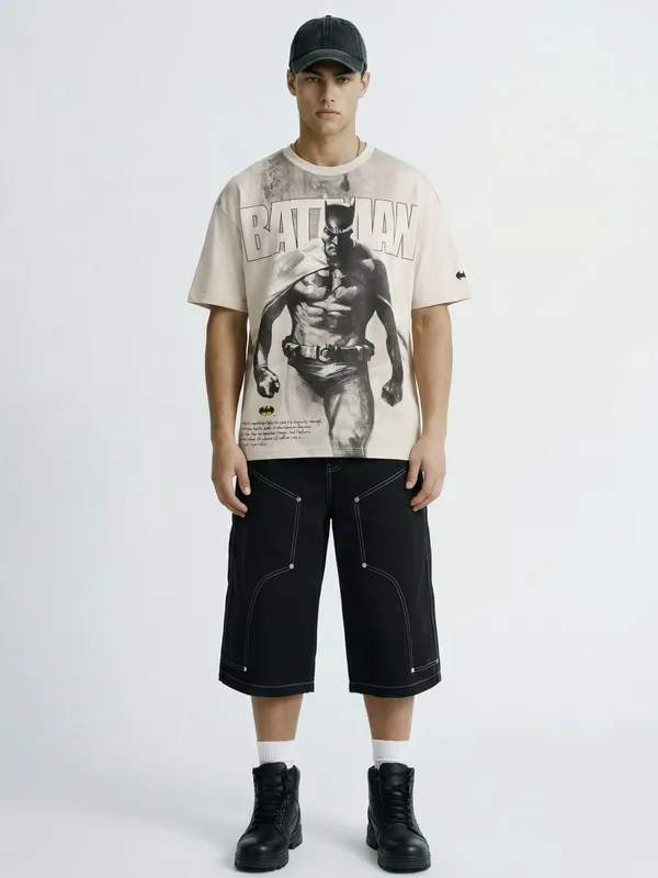 WB By Highlander Men Beige Batman Printed Round Neck Oversized Fit T-Shirt