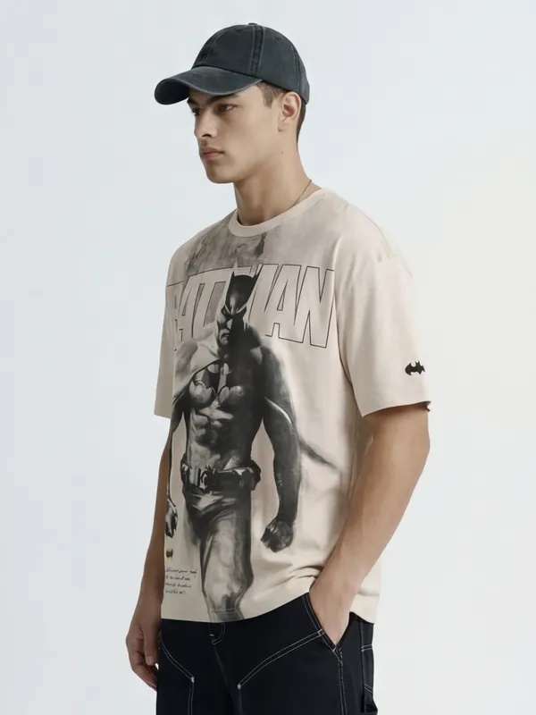 WB By Highlander Men Beige Batman Printed Round Neck Oversized Fit T-Shirt
