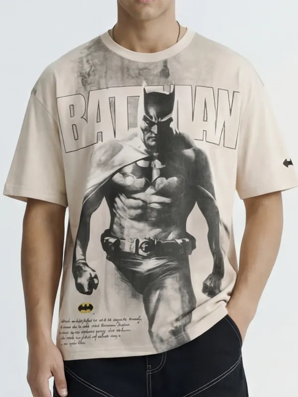WB By Highlander Men Beige Batman Printed Round Neck Oversized Fit T-Shirt