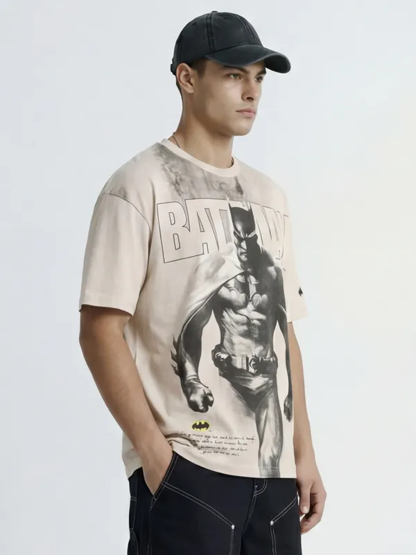 WB By Highlander Men Beige Batman Printed Round Neck Oversized Fit T-Shirt