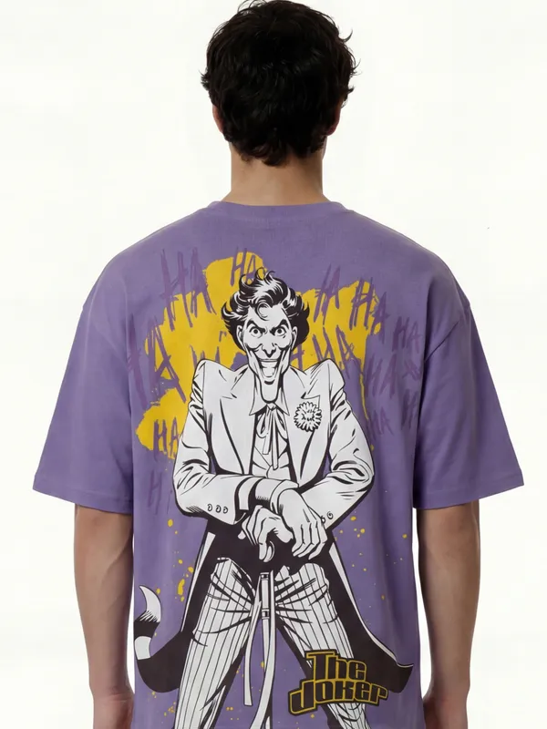 DC By Highlander Men Purple Joker Printed Round Neck Oversized Fit T-Shirt