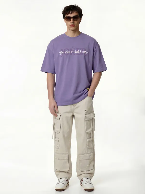 DC By Highlander Men Purple Joker Printed Round Neck Oversized Fit T-Shirt
