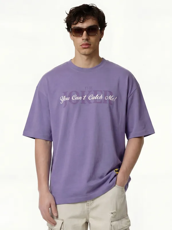 DC By Highlander Men Purple Joker Printed Round Neck Oversized Fit T-Shirt