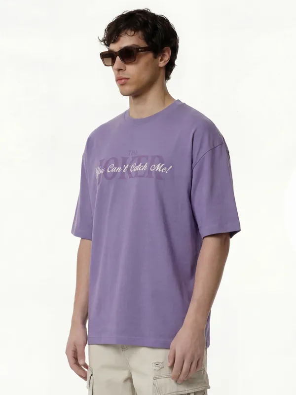 DC By Highlander Men Purple Joker Printed Round Neck Oversized Fit T-Shirt