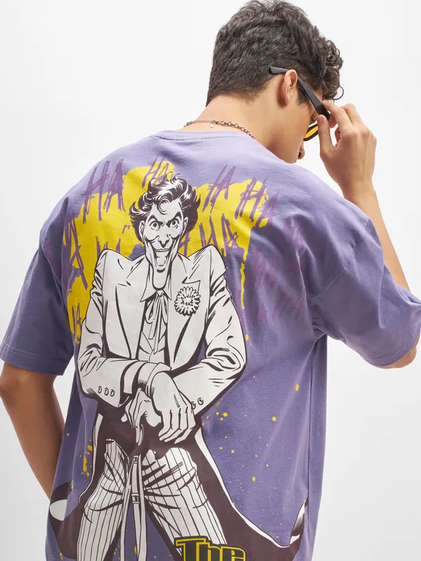 DC By Highlander Men Purple Joker Printed Round Neck Oversized Fit T-Shirt