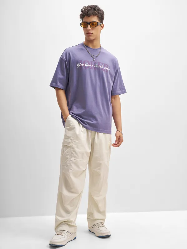 DC By Highlander Men Purple Joker Printed Round Neck Oversized Fit T-Shirt