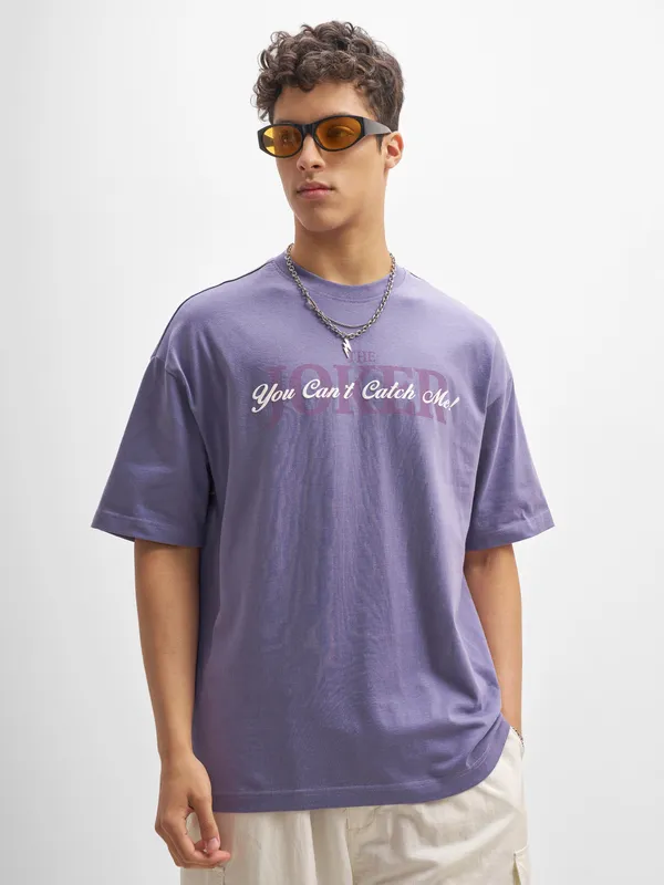 DC By Highlander Men Purple Joker Printed Round Neck Oversized Fit T-Shirt