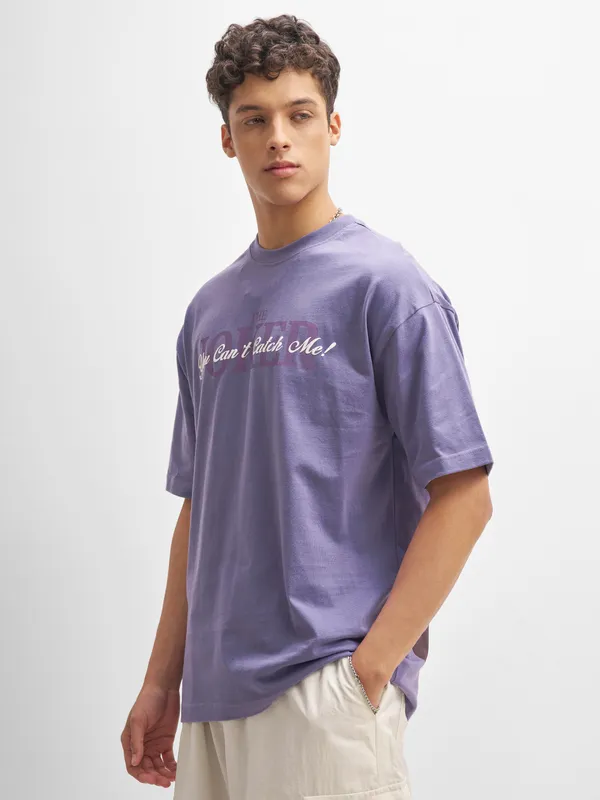 DC By Highlander Men Purple Joker Printed Round Neck Oversized Fit T-Shirt