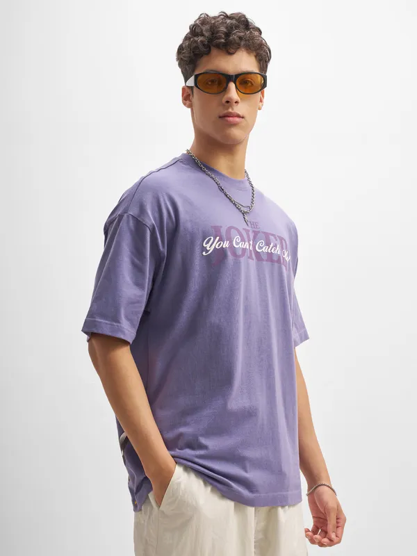 DC By Highlander Men Purple Joker Printed Round Neck Oversized Fit T-Shirt