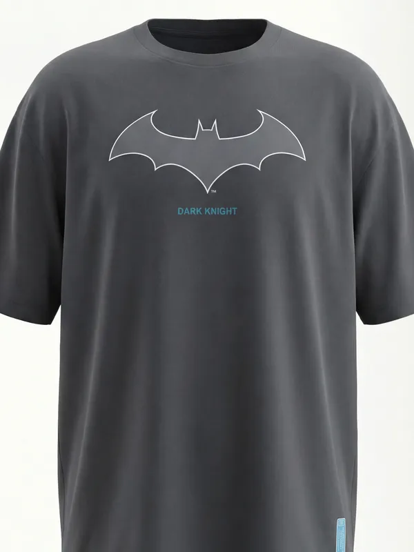 DC By Highlander Men Grey Batman Printed Round Neck Oversized Fit T-Shirt