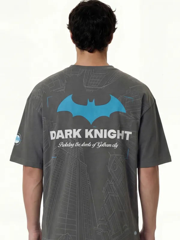DC By Highlander Men Grey Batman Printed Round Neck Oversized Fit T-Shirt