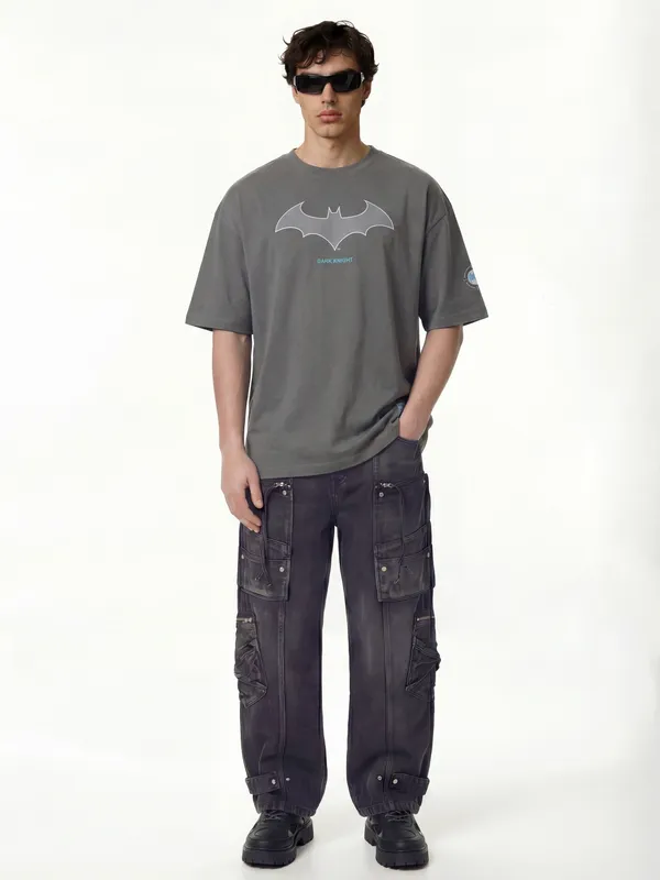 DC By Highlander Men Grey Batman Printed Round Neck Oversized Fit T-Shirt
