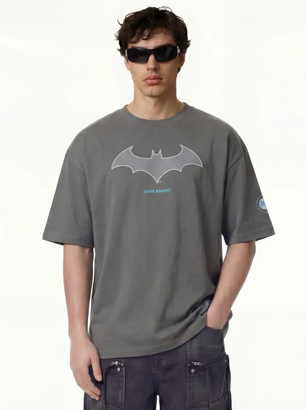 DC By Highlander Men Grey Batman Printed Round Neck Oversized Fit T-Shirt