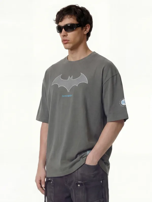 DC By Highlander Men Grey Batman Printed Round Neck Oversized Fit T-Shirt