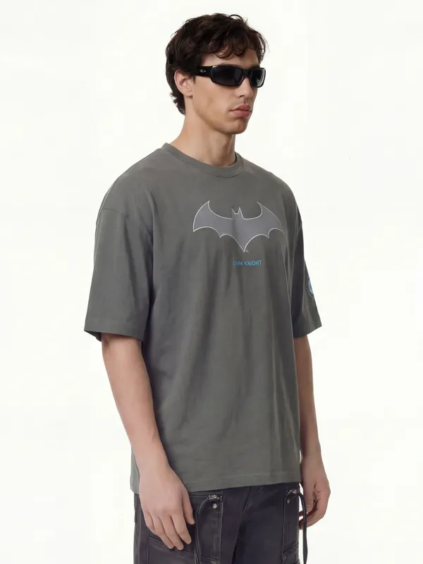 DC By Highlander Men Grey Batman Printed Round Neck Oversized Fit T-Shirt