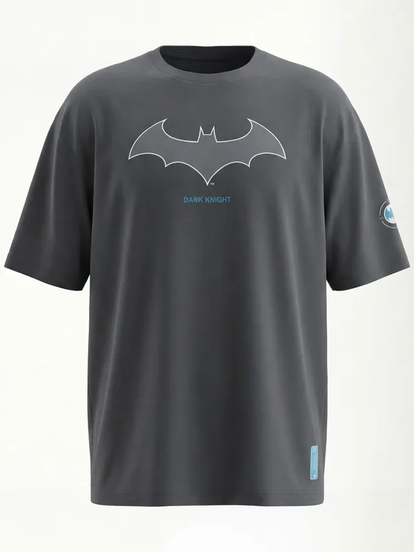 DC By Highlander Men Grey Batman Printed Round Neck Oversized Fit T-Shirt