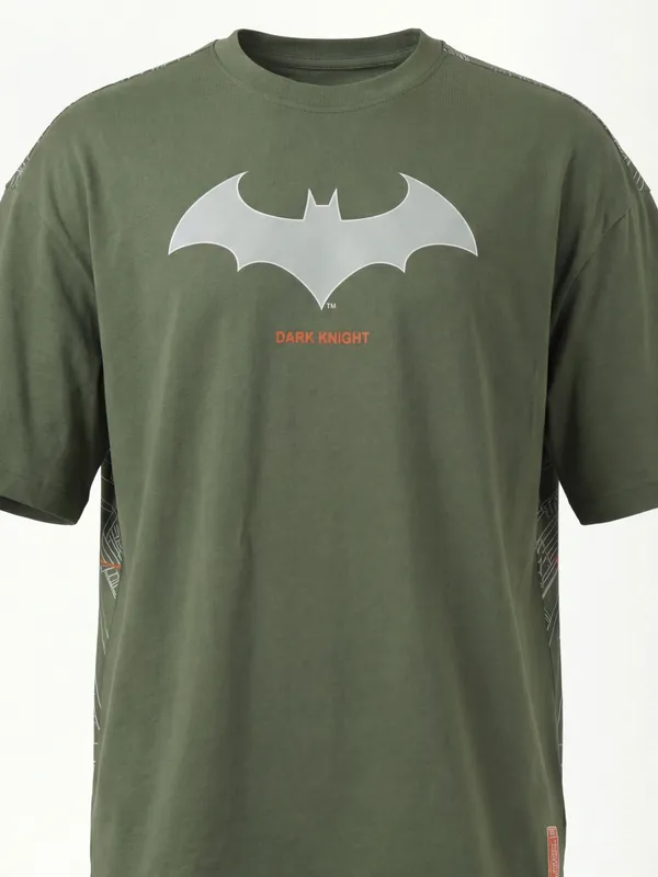 DC By Highlander Men Olive Batman Printed Round Neck Oversized Fit T-Shirt