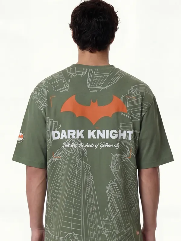 DC By Highlander Men Olive Batman Printed Round Neck Oversized Fit T-Shirt