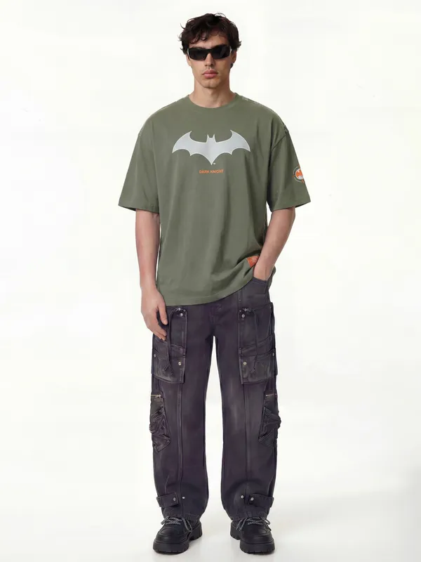 DC By Highlander Men Olive Batman Printed Round Neck Oversized Fit T-Shirt